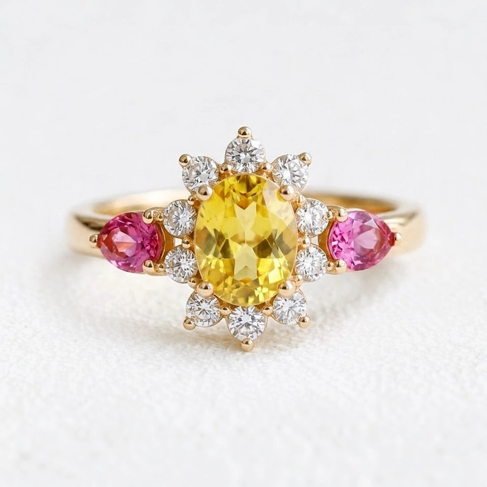 Aurora’s Radiance | Oval Yellow Sapphire Halo Engagement Ring.