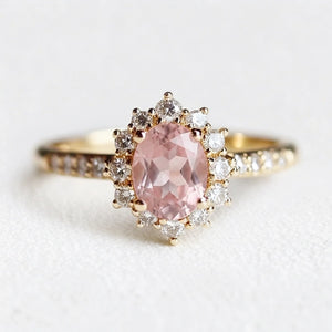 Rosalind’s Blush | Rose Quartz Halo Engagement Ring.