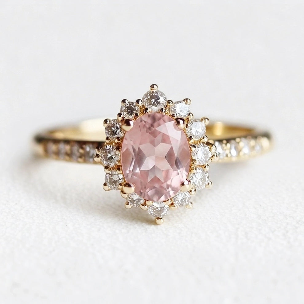 Rosalind’s Blush | Rose Quartz Halo Engagement Ring.