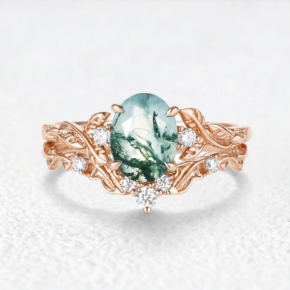 Rosalind’s Arbor | Oval Cut Moss Agate Leaf Branch Bridal Set 2pcs.