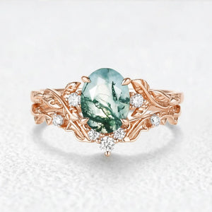 Rosalind’s Arbor | Oval Cut Moss Agate Leaf Branch Bridal Set 2pcs.