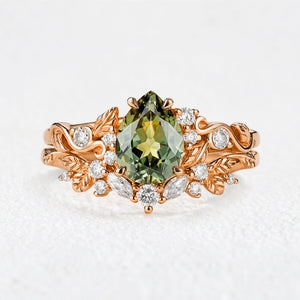 Sylvie’s Vine | 1.3CT Vintage Green Sapphire & Leaf Bridal Set 2pcs