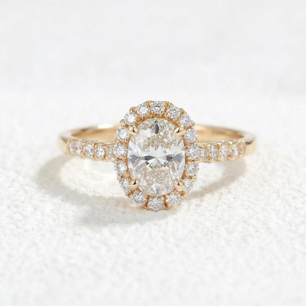 Odette‘s Halo | Oval Moissanite Ring in Morning Light.