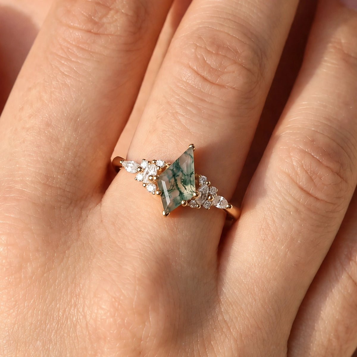 Sylvie’s Thistle | Vintage Kite Cut Moss Agate Cluster Engagement Ring