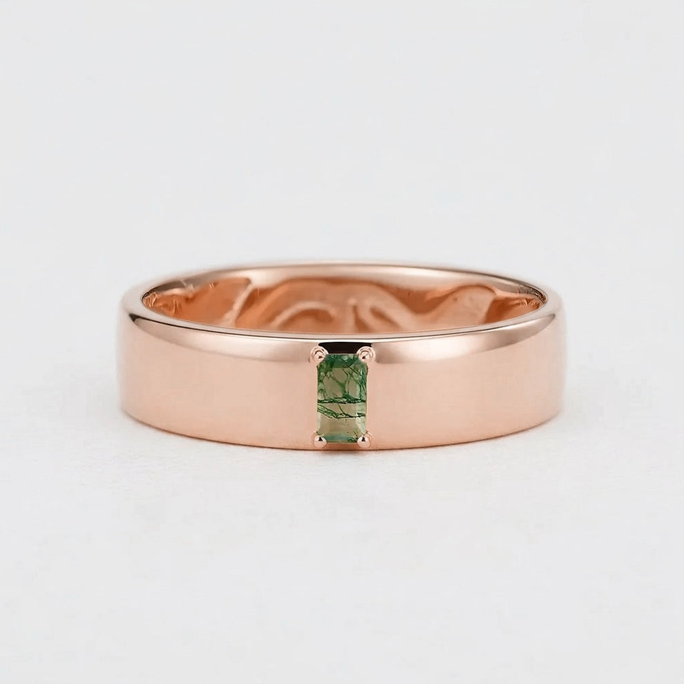 Moss Trace | Inner Engraved Moss Agate Men's Wedding Band.