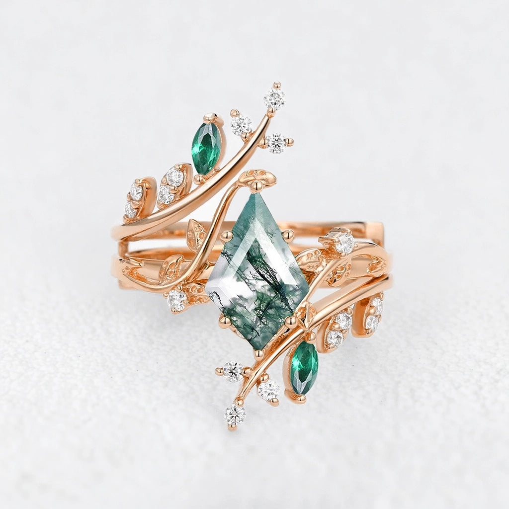 Sylvie’s Enclave | Kite Cut Moss Agate & Emerald Cage Leafy Bridal Set 2pcs