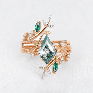 Sylvie’s Enclave | Kite Cut Moss Agate & Emerald Cage Leafy Bridal Set 2pcs