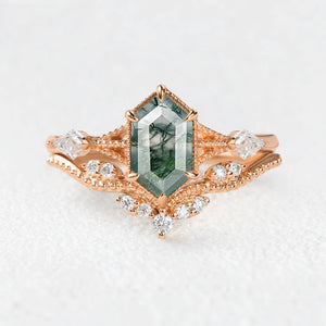 Genevieve’s Grove | Vintage Hexagon Moss Agate Bridal Duo