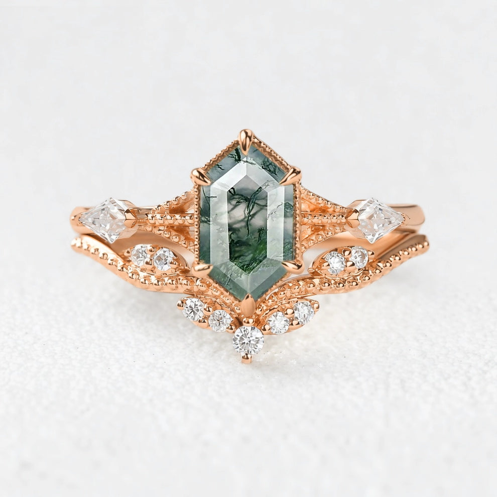 Genevieve’s Grove | Vintage Hexagon Moss Agate Bridal Duo