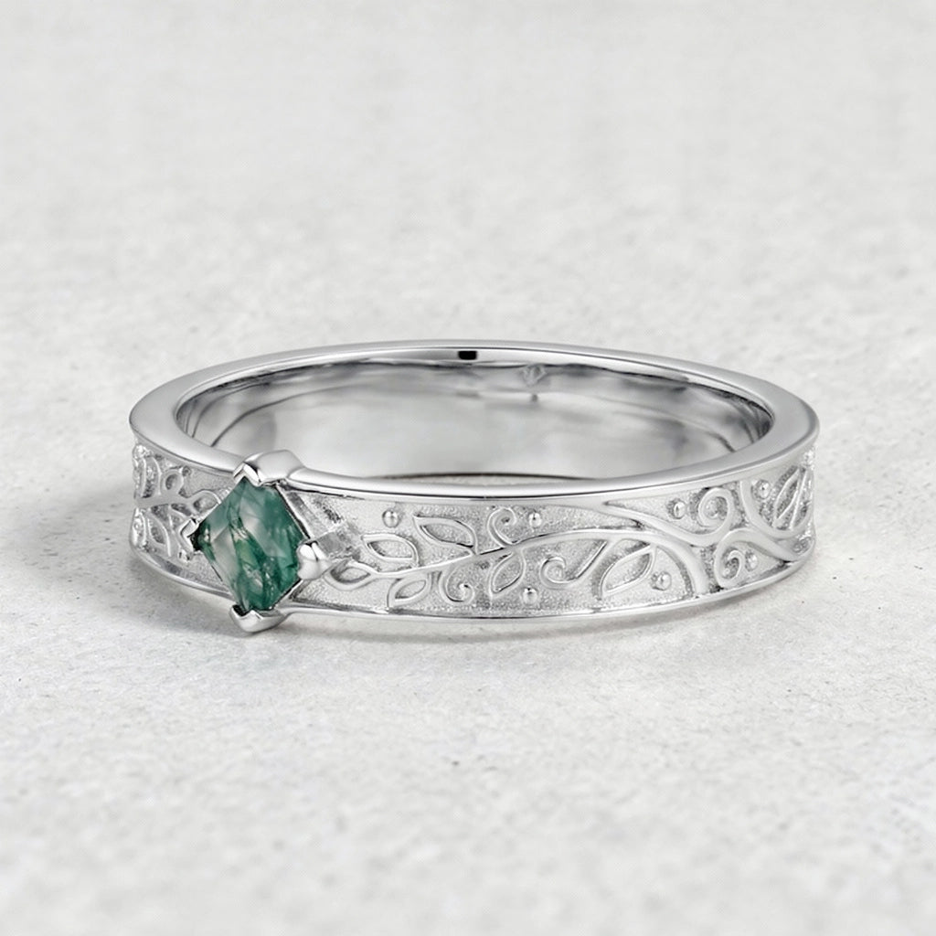 Oak Grain | Square Moss Agate Men's Band.