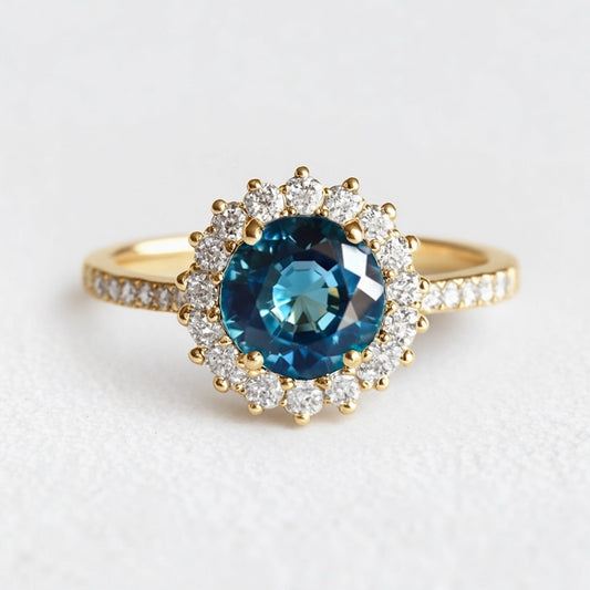 Stella's Spark | Vintage Blue Sapphire Diamond Halo Engagement Ring.