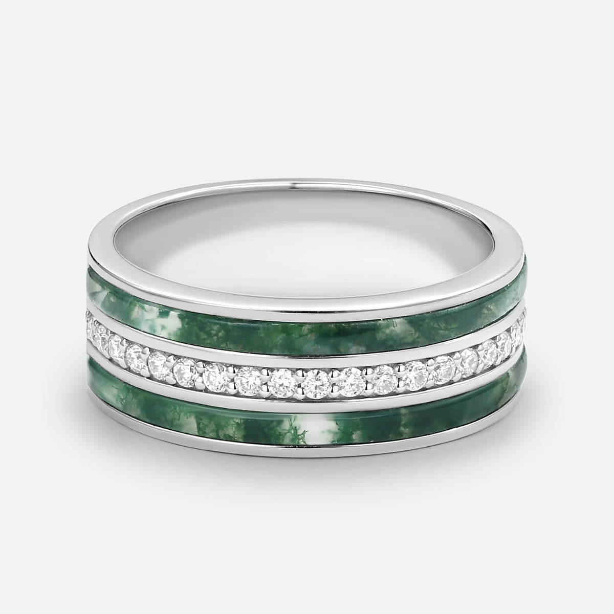 Isolde’s Enclave  | Vintage Long Hexagon Moss Agate & Moissanite Couple Ring Set 3pcs.