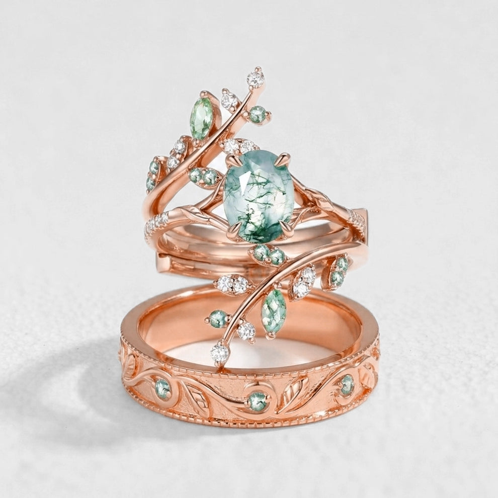 Daphne’s Canopy | Oval Cut Green Moss Agate Cluster Couple Ring Set.