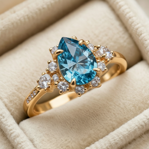 Cora‘s Lagoon | Pear Cut Blue Sapphire Halo Ring.