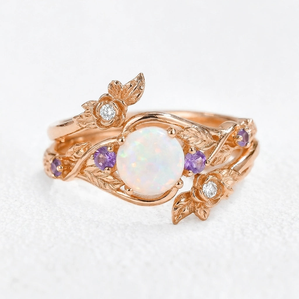 Rose’s Blossom | Round Opal & Amethyst Bridal Ring Set 2pcs