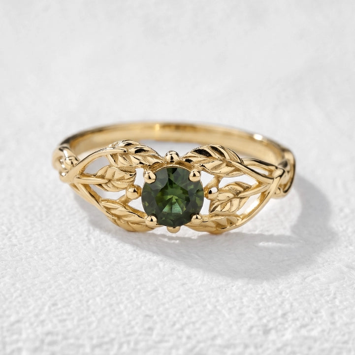 Scarlett’s Laurel | Round Red Sapphire Solitaire with Laurel Leaves Engagement Ring.