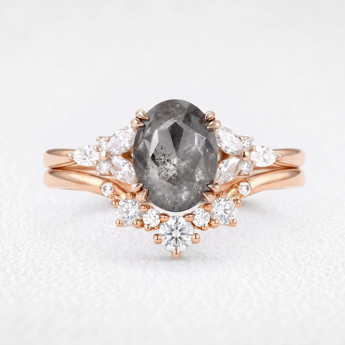 Isadora’s Bloom | 1CT Vintage Oval Salt & Pepper Diamond Cluster & Chevron Bridal Duo