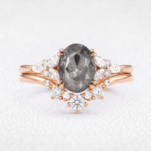 Isadora’s Bloom | 1CT Vintage Oval Salt & Pepper Diamond Cluster & Chevron Bridal Duo