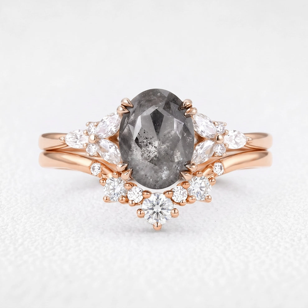 Isadora’s Bloom | 1CT Vintage Oval Salt & Pepper Diamond Cluster & Chevron Bridal Duo