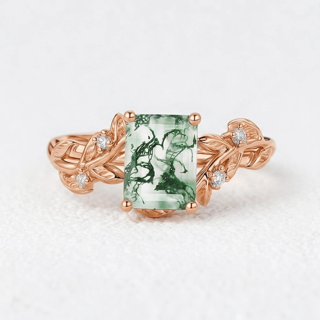 Celandine’s Lattice | Emerald Cut Moss Agate Leafy Engagement Ring.