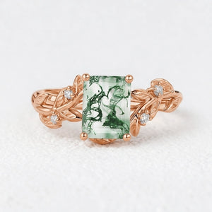 Celandine’s Lattice | Emerald Cut Moss Agate Leafy Engagement Ring