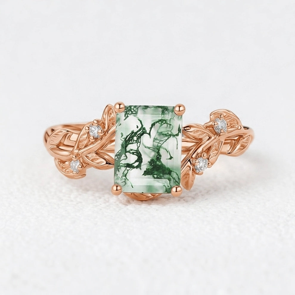 Celandine’s Lattice | Emerald Cut Moss Agate Leafy Engagement Ring.