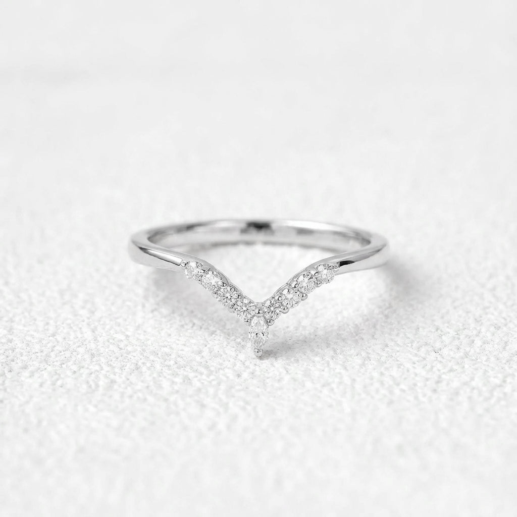 Round Cut Moissanite Half Eternity Curved Wedding Band in White Gold.