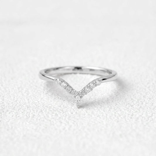 Round Cut Moissanite Half Eternity Curved Wedding Band in White Gold.