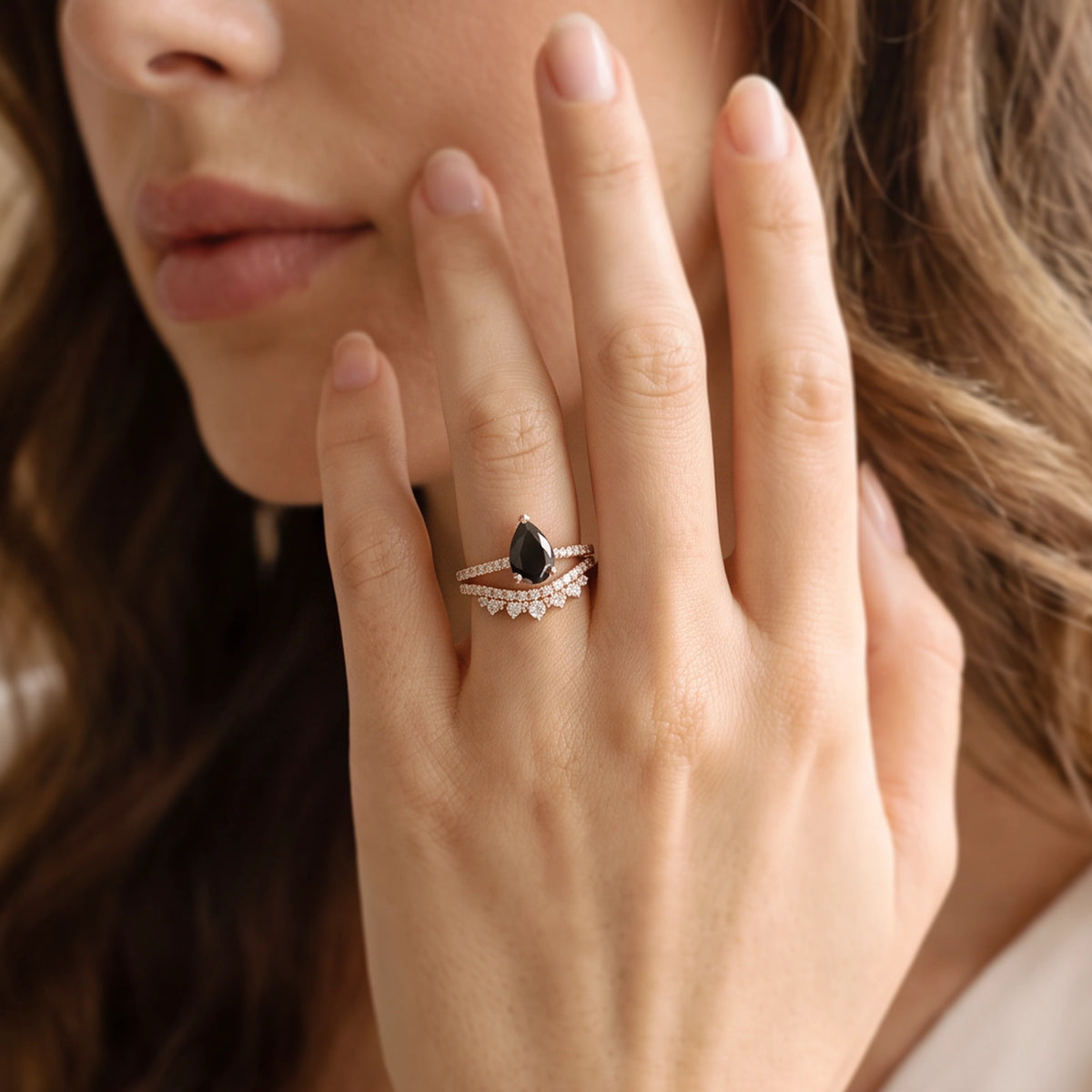 Joséphine’s Diadem | 1.5CT Pear Cut Black Diamond Pavé Band Vintage Bridal Duo