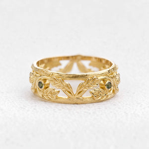The Hollow Oak | Openwork Teal Sapphire Accented Acorn Men's Wedding Band.