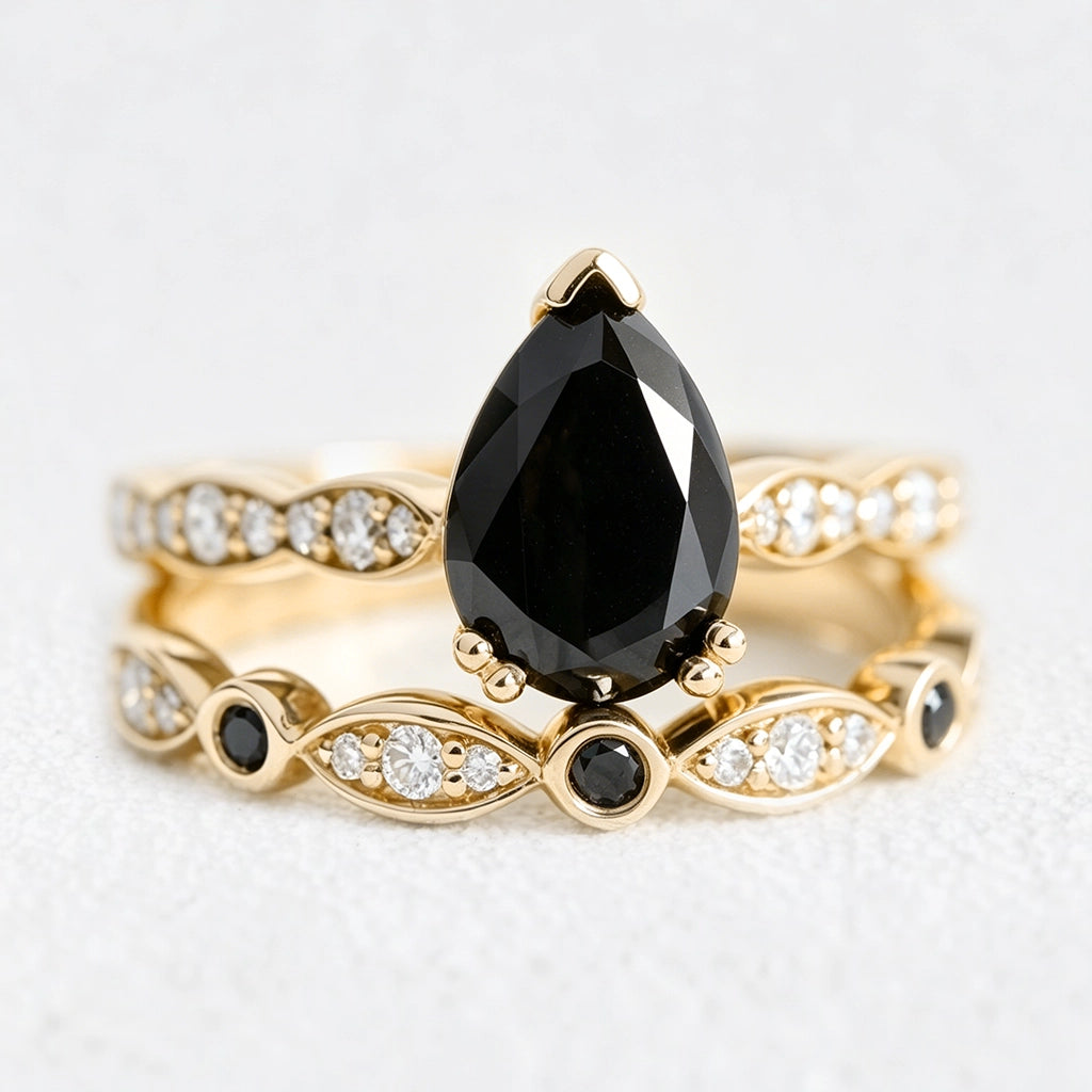 Grace’s Eclipse | Pear Black Diamond Solitaire & Bezel Wedding Band Bridal Set 2pcs.