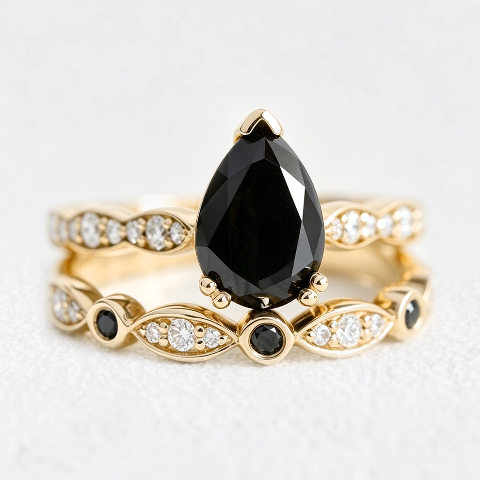 Grace’s Eclipse | Pear Black Diamond Solitaire & Bezel Wedding Band Bridal Set 2pcs.