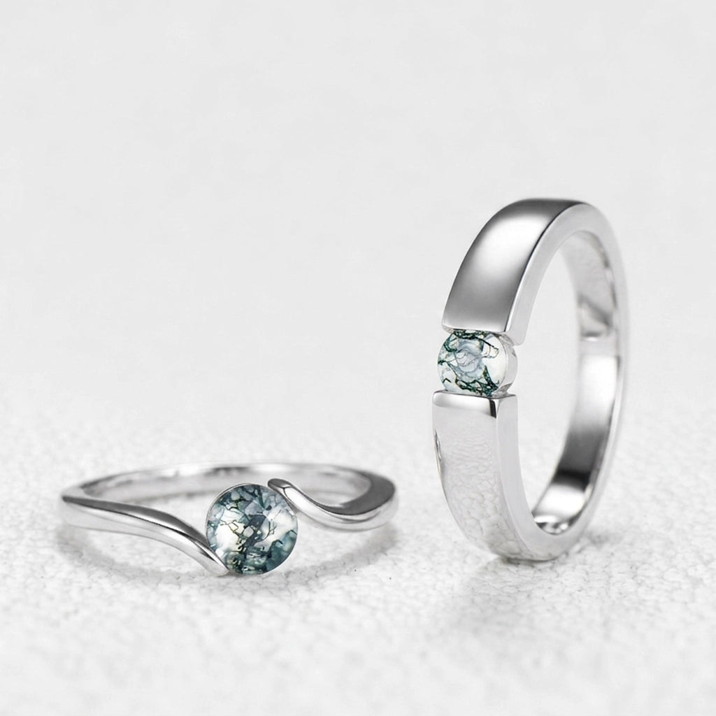 One Stone Duo | Round Moss Agate Couple Ring Set 2pcs.