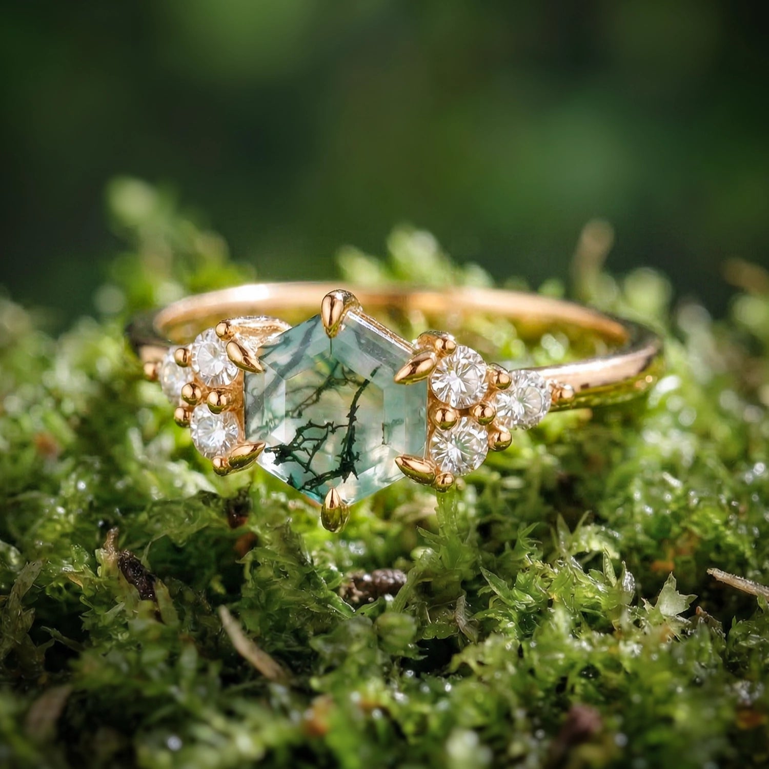 Sylvie’s Hexagon | Moss Agate Three Stone Cluster Engagement Ring.