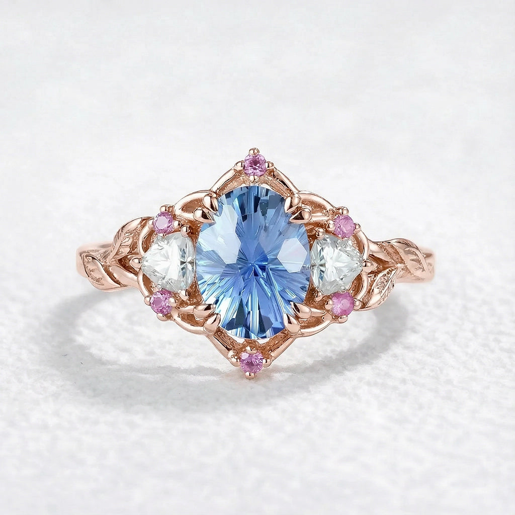 Audrey Three-Stone Sparkle Cut Sapphire Engagement Ring.
