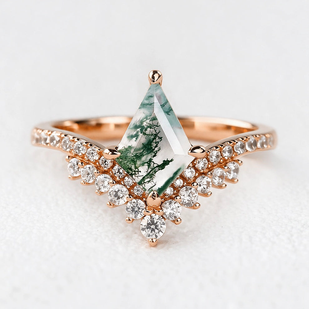 Celestine’s Chevron | Kite Cut Moss Agate Cluster Engagement Ring with V‑Shaped Diamond Band