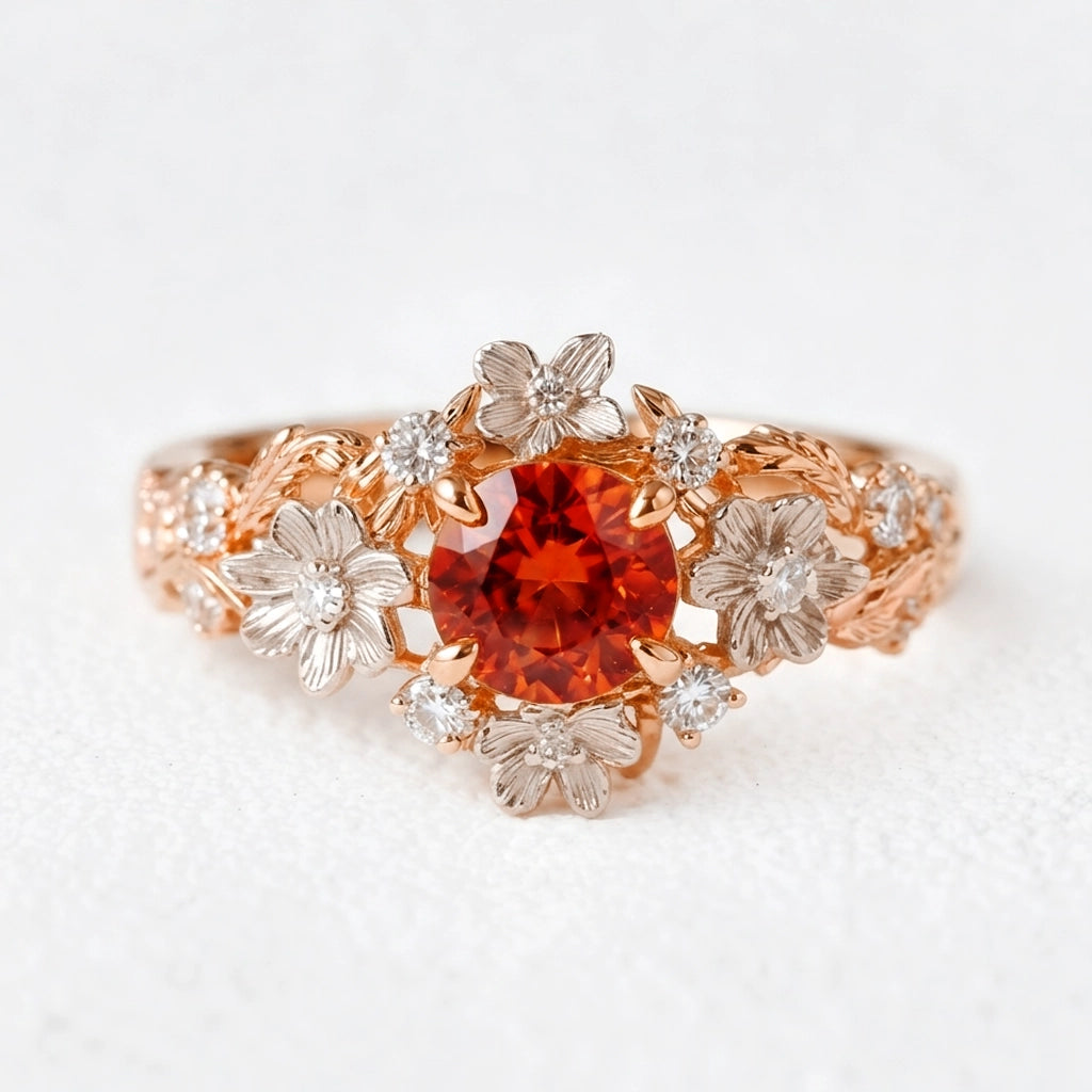 Eve's Blossom | Round Mandarin Garnet Engagement Ring with Petal Setting