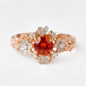 Eve's Blossom | Round Mandarin Garnet Engagement Ring with Petal Setting
