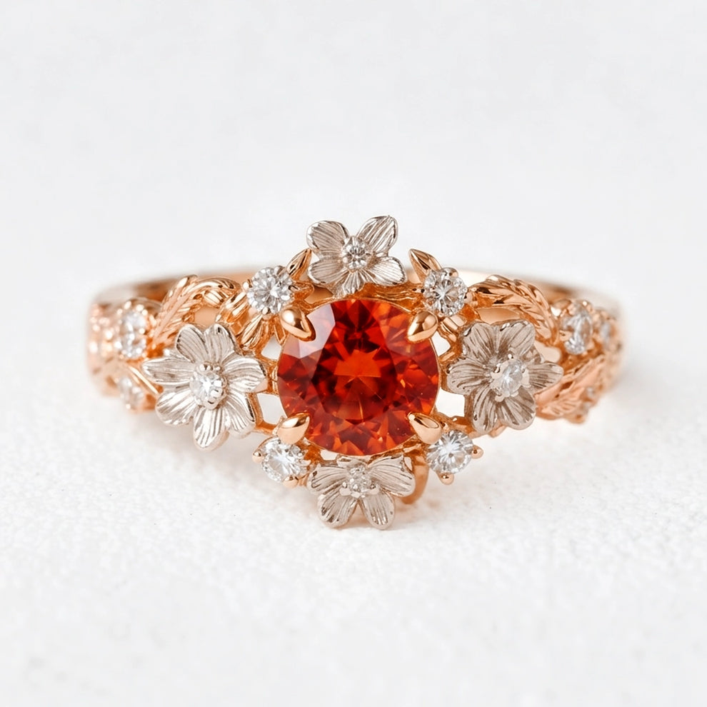 Eve's Blossom | Round Mandarin Garnet Engagement Ring with Petal Setting