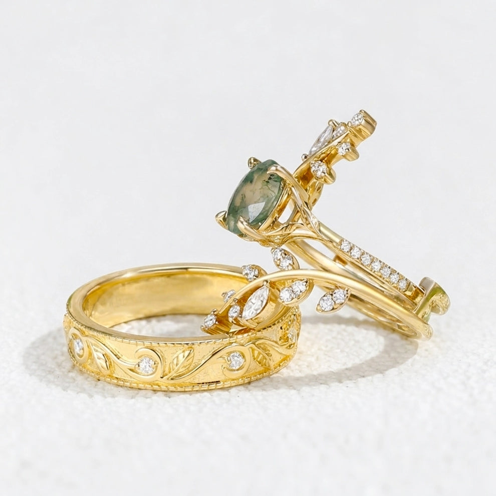 Flora’s Enclosure | Oval Moss Agate Cluster Couple Ring Set 3pcs.