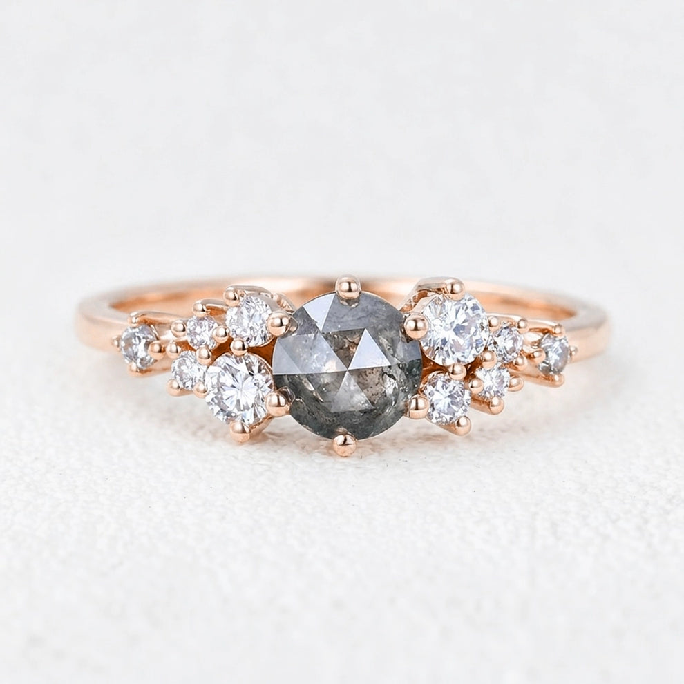Isadora’s Solstice | Round Salt & Pepper Diamond Cluster Engagement Ring