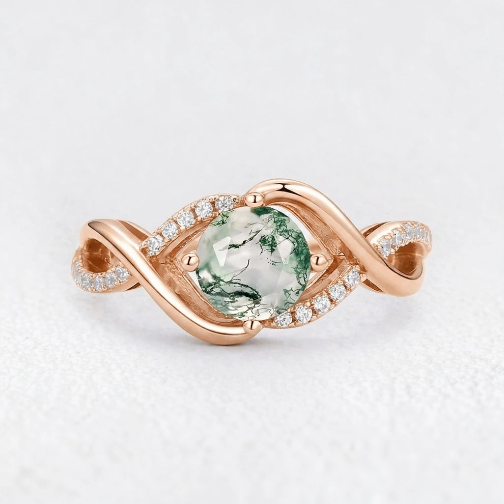Classic Infinity Round Cut Moss Agate Engagement Ring.