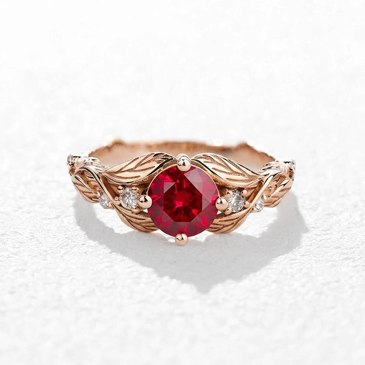 Rosalind’s Olive | Round Ruby Solitaire Ring with Olive Leaf Diamond Accents.