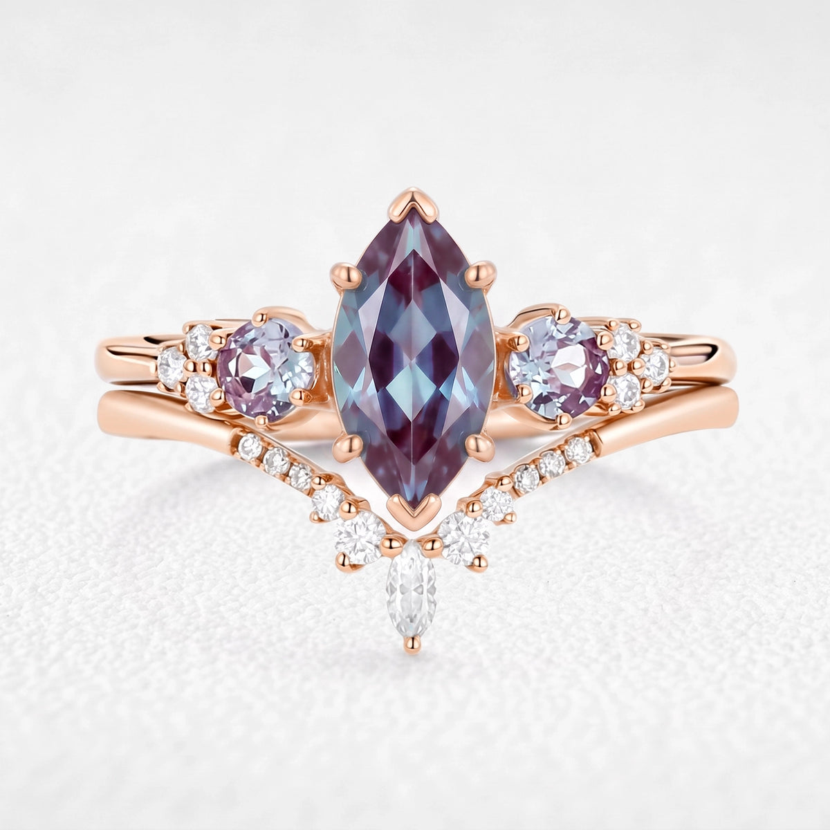 Sylvie’s Frond | Marquise Cut Alexandrite Cluster Chevron Bridal Set 2pcs