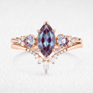 Sylvie’s Frond | Marquise Cut Alexandrite Cluster Chevron Bridal Set 2pcs