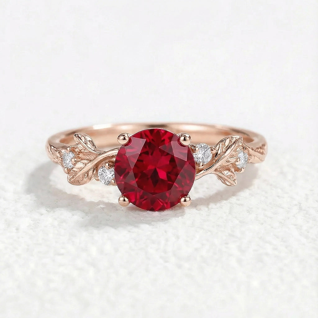 Scarlett’s Sprig | Round Ruby Solitaire Engagement Ring.
