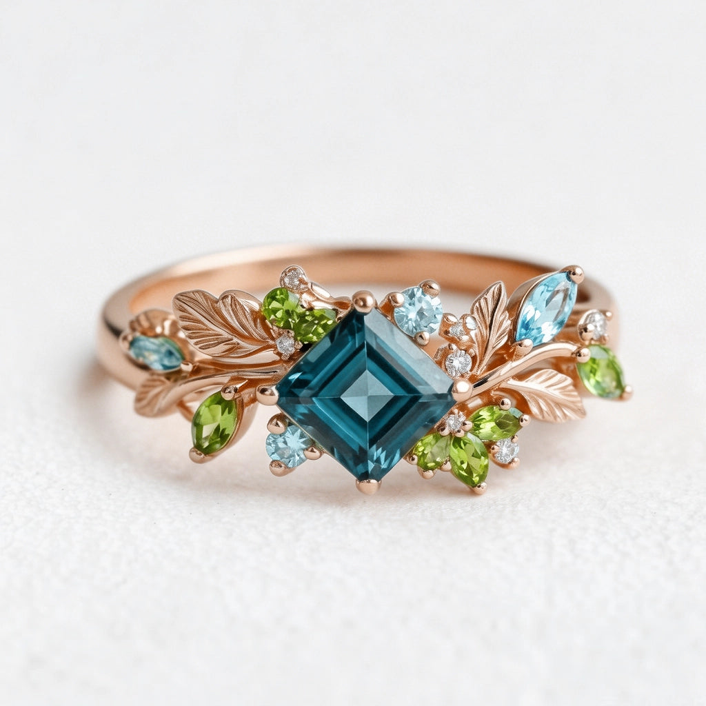 Elowen’s Gildedfrond | Princess Cut London Blue Topaz Leafy Engagement Ring.