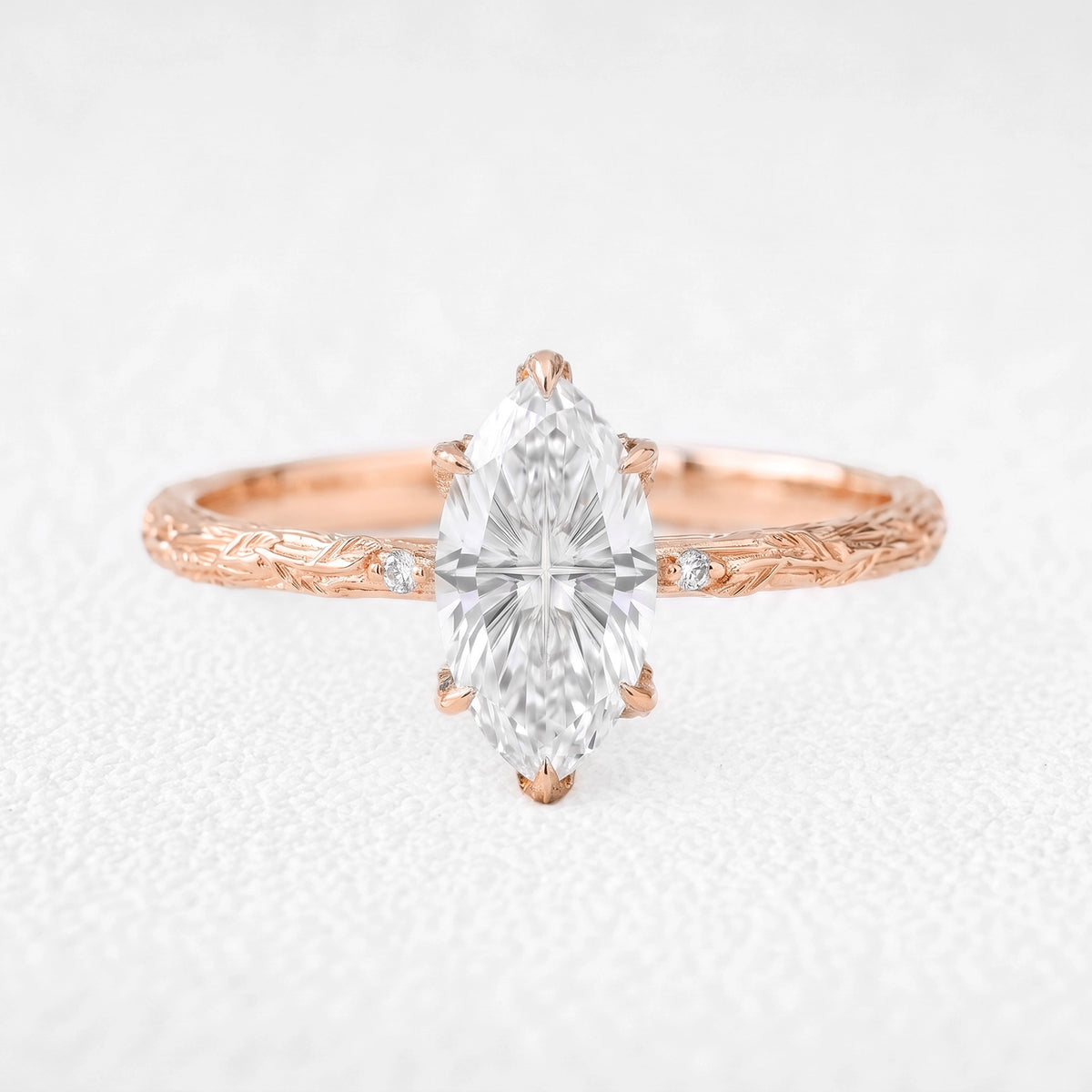 Miranda’s Aurora | Fantasy-Cut Marquise White Sapphire Foliage Filigree Vintage Engagement Ring