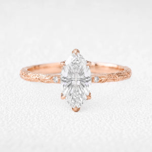 Miranda’s Aurora | Fantasy-Cut Marquise White Sapphire Foliage Filigree Vintage Engagement Ring