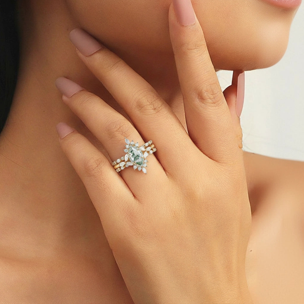 Elara’s Cluster | Marquise Moss Agate Vintage Ring Set 3pcs.
